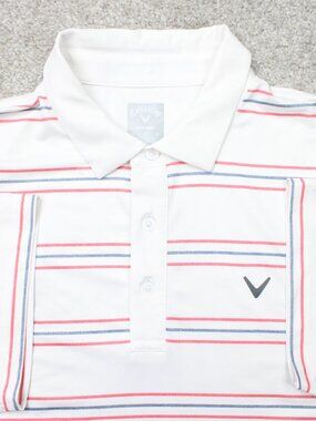 Callaway Polo Shirt Mens Large White/Red/Blue Striped Opti-Dri Golf Short Sleeve